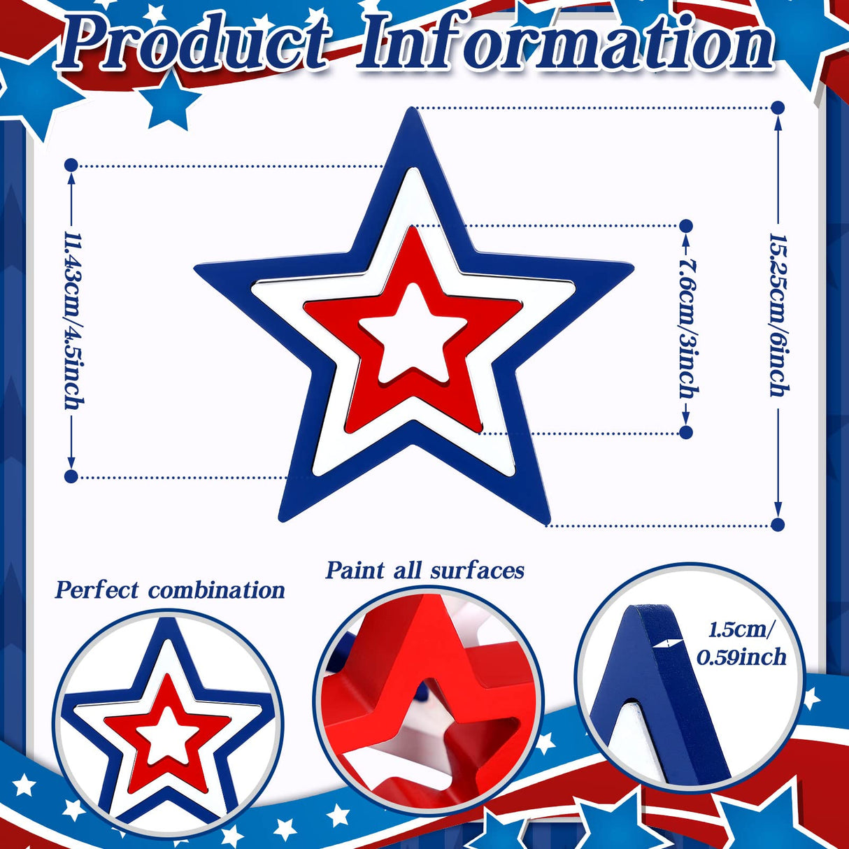 Blulu 3 Pieces Patriotic Decoration Wooden Star Sign Memorial Day Table Decor 4th of July Centerpiece Star Independence Day Tiered Tray Decor for Table Home (White,Blue,Red) Blulu