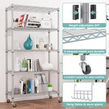 Himimi 5-Tier Storage Shelf Wire Shelving Unit on Wheels, Adjustable Heavy Duty Metal Shelves with Side Hooks, Steel Rack Organization for Kitchen Garage Basement, Silver Himimi