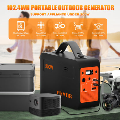 PGYOB 200W Portable Power Station, 102.4Wh/32000mAh Outdoor Solar Generator Backup LiFePO4 Battery Power Pack with AC/DC Outlet, In/Output PD 60W USB-C Outlet for Home, Camping, RV, Blackout, - WoodArtSupply