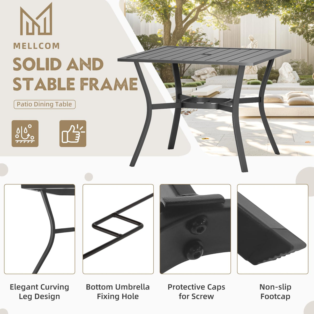 MELLCOM 5 Pieces Outdoor Dining Set, 4 Swivel Rocker Chairs with High Back Textilene & Square Metal Dining Table with Umbrella Hole, Patio Furniture Set for Porch, Garden, Backyard, Deck, Blue MELLCOM