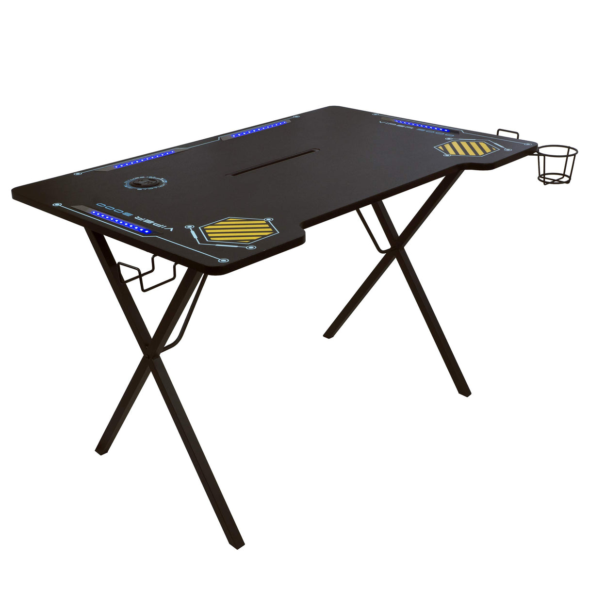 Atlantic Viper 3000 Gaming Desk – Single Laminated Surface, Heavy-Duty Steel X-Legs, Integrated LED, 3 USB 3.0 Ports, Smart Device Slot, Surge Protector Tray, Headset Hooks, PN 33906164 - Black Atlantic