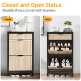 HUSHEDIFY 2 Flip Drawers Shoe Cabinet Storage for Entryway, Narrow Shoes Organizer Cabinet for Front Door Entrance, Free Standing Hidden Wooden Hallway Shoe Rack(Oak&Black) HUSHEDIFY