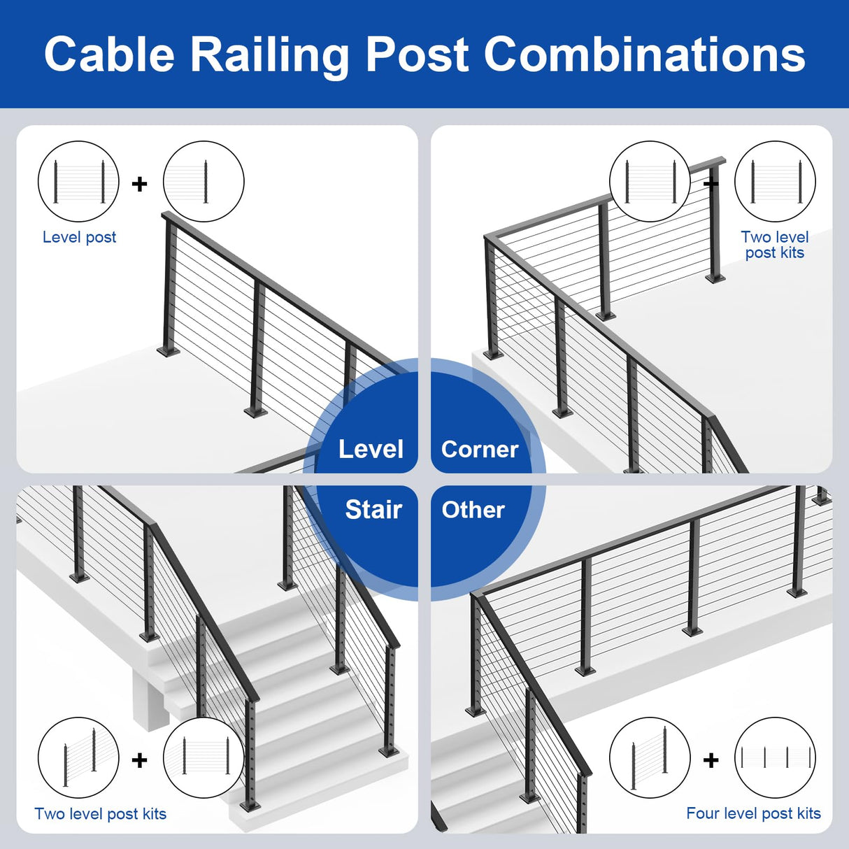 BLIKA Complete Set 36" Cable Railing Post Kit(Post 35"x2"x2"), Black Level Drilled Cable Railing Post, Swageless Deck Railing System Kit Include 4Pack Level Posts,1/8" Stainless Cable(No Handrail) BLIKA