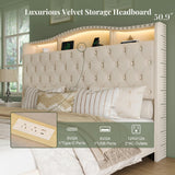 Belffin King Size Bed Frame and Headboard, 50.9" Velvet Upholstered Wingback Bedframe with LED Lights & Storage/Charging Station, Button Tufted Tall Footboard, No Box Spring Needed, Noise-Free, Beige Belffin