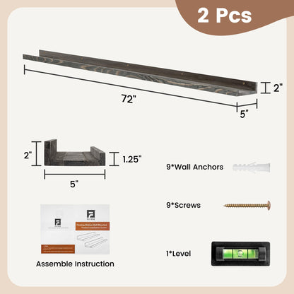 FLYJOE 72'' Floating Picture Ledge Shelf Set of 2 in Weathered Grey - Solid Pine Wood Nursery and Living Room Storage - WoodArtSupply