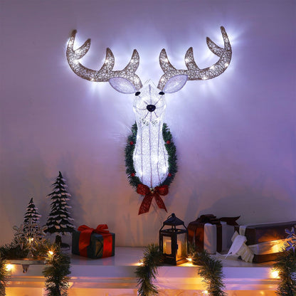 WATERGLIDE Lighted Christmas Wall Decor Reindeer Head, 28" Pre-Lit 3D Rudolph Hanging Wreath with Battery Operated, 8 Modes & Timer, Light Up for Front Door Window Indoor Outdoor Festive Xmas Holiday