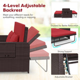 LDAILY Moccha Outdoor Daybed, Wicker Loveseat Sofa Set with 4-Postion Adjustable Backrest, Storage Ottoman, Cushions, Rattan Double Bed Lounger, Patio Furniture Set (Red) LDAILY