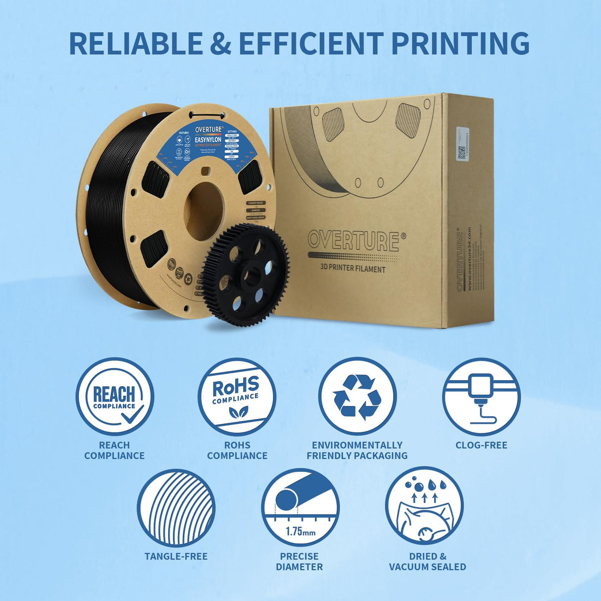 OVERTURE Nylon Filament 1.75mm 3D Printer Filament, Polyamide (PA) 1kg Spool (2.2lbs), Dimensional Accuracy +/- 0.02 mm, Fit Most FDM Printer (Black) OVERTURE