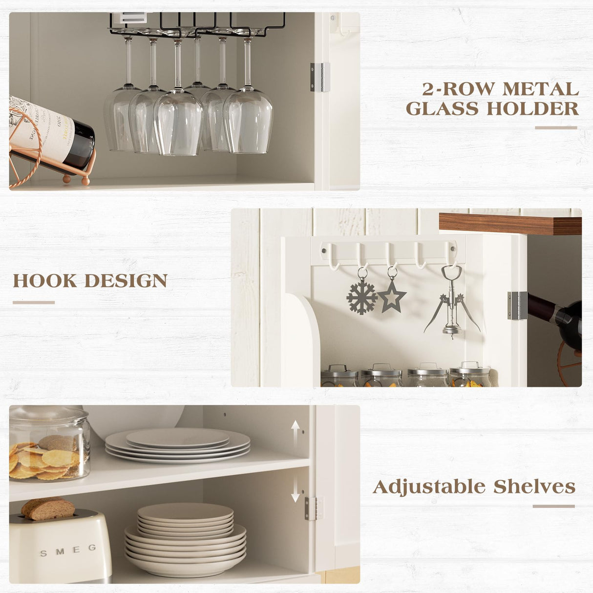 SYESWAY Kitchen Pantry Cabinet, 71”Tall Storage Cabinet with Glasses Rack, 10 Hooks, 6 Door Shelves, Freestanding Cupboard with Barn Doors, Pantry Cabinets for Kitchen, Dining Room, White SYESWAY