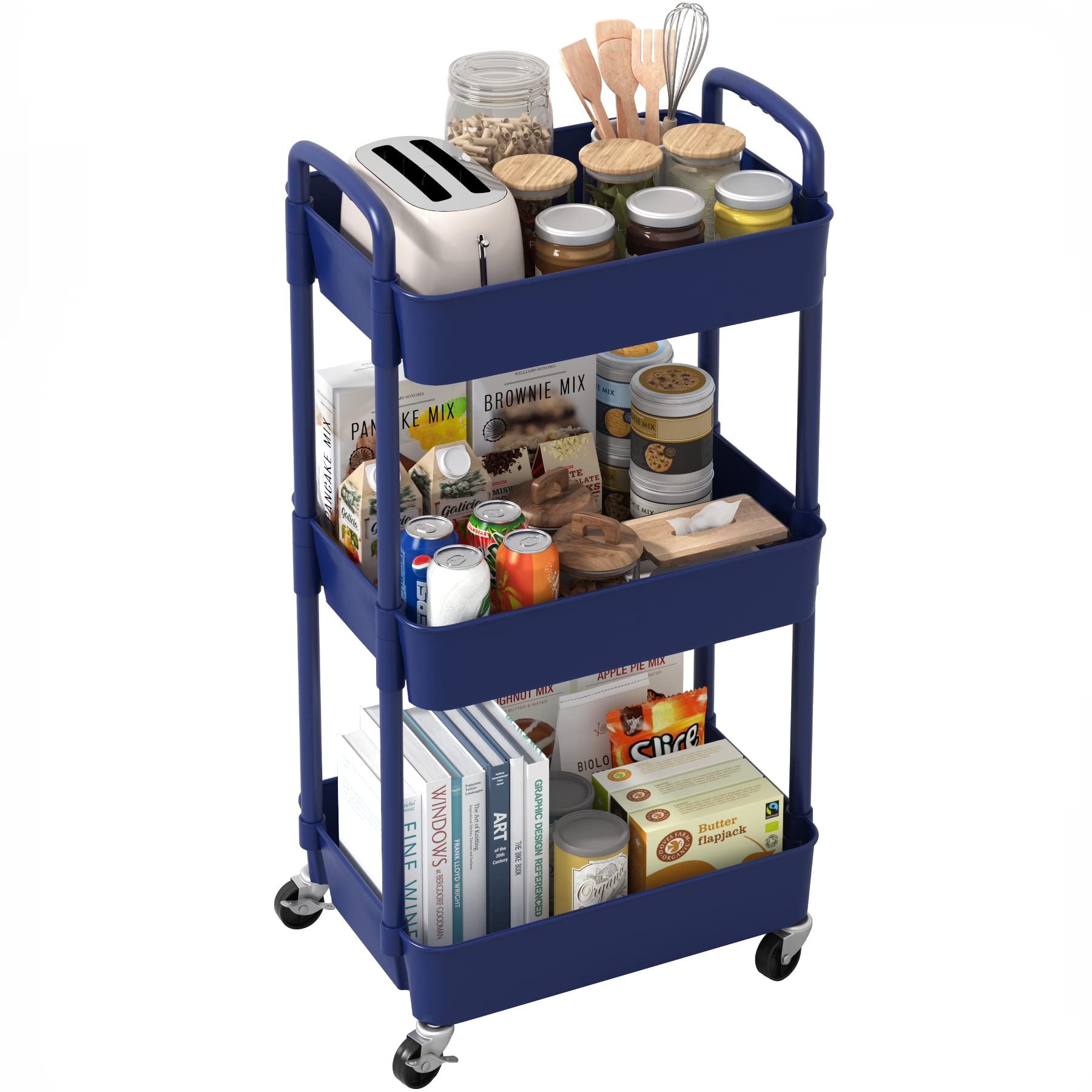 Sywhitta 3-Tier Plastic Rolling Utility Cart with Handle, Multi-Functional Storage Trolley for Office, Living Room, Kitchen, Movable Storage Organizer with Wheels, Blue - WoodArtSupply