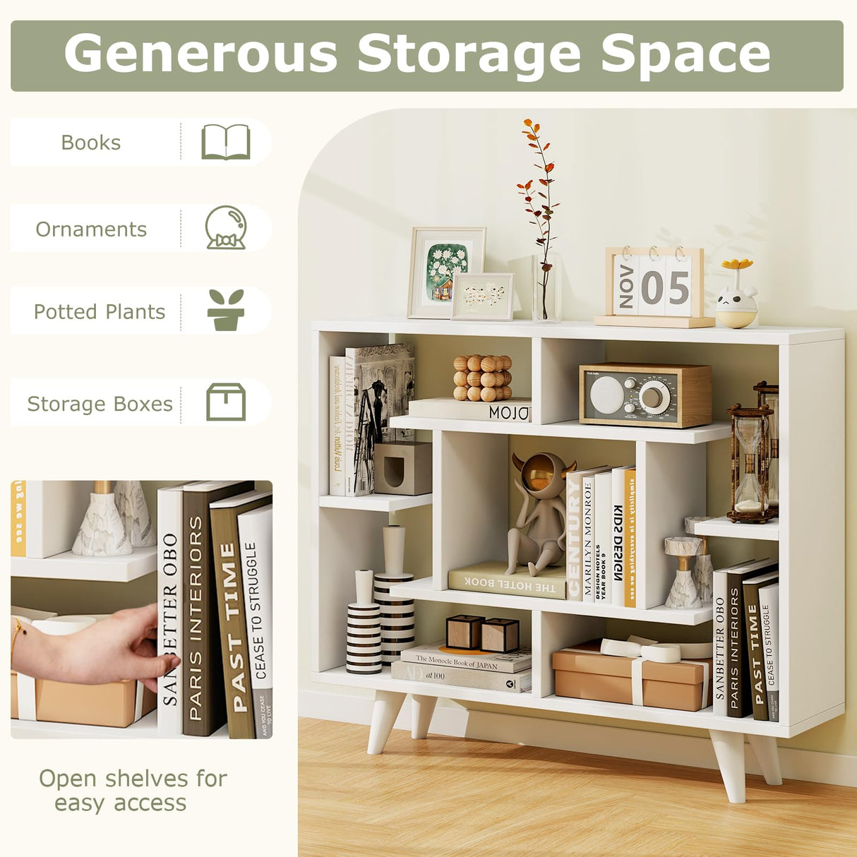 Tangkula Geometric Bookshelf, 3 Tier Modern Freestanding Open Bookcase with Anti-Tipping Devices & Legs, Home Office Decorative Storage Organizer Display Shelf for Living Room Study (White) Tangkula