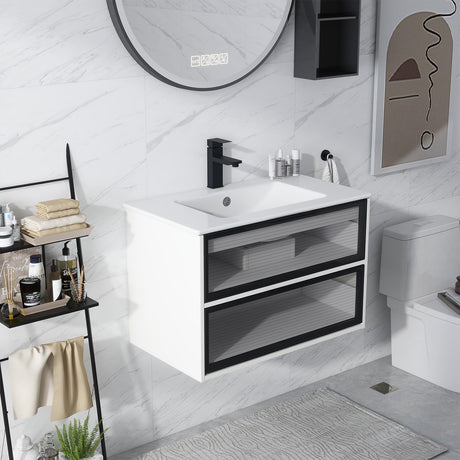YOURLITE 30” Floating Bathroom Vanity with Sink Combo, Modern Wall Mounted Cabient with 2 Glass Doors Drawers Storage, Undermount Bathroom Ceramic Sink & Soft Closing Doors & Black Faucet YOURLITE