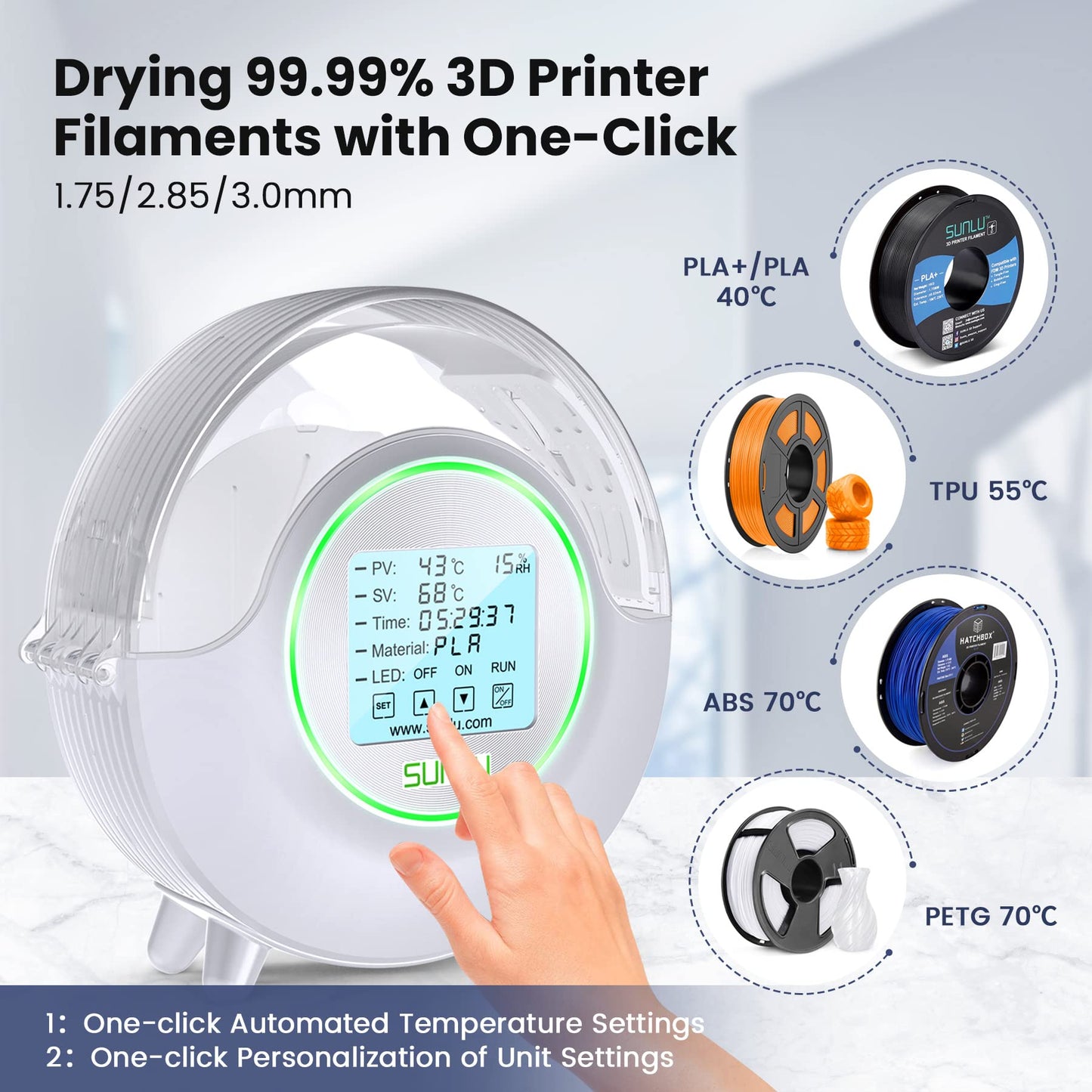 [with Fan] SUNLU Official 3D Printer Filament Dryer S2, Filament Storage Dehydrator for 3D Printing, Built-in Fan, Dryer Box S2 for PLA Nylon PA ABS PETG 1.75 2.85 3.00mm, White - WoodArtSupply