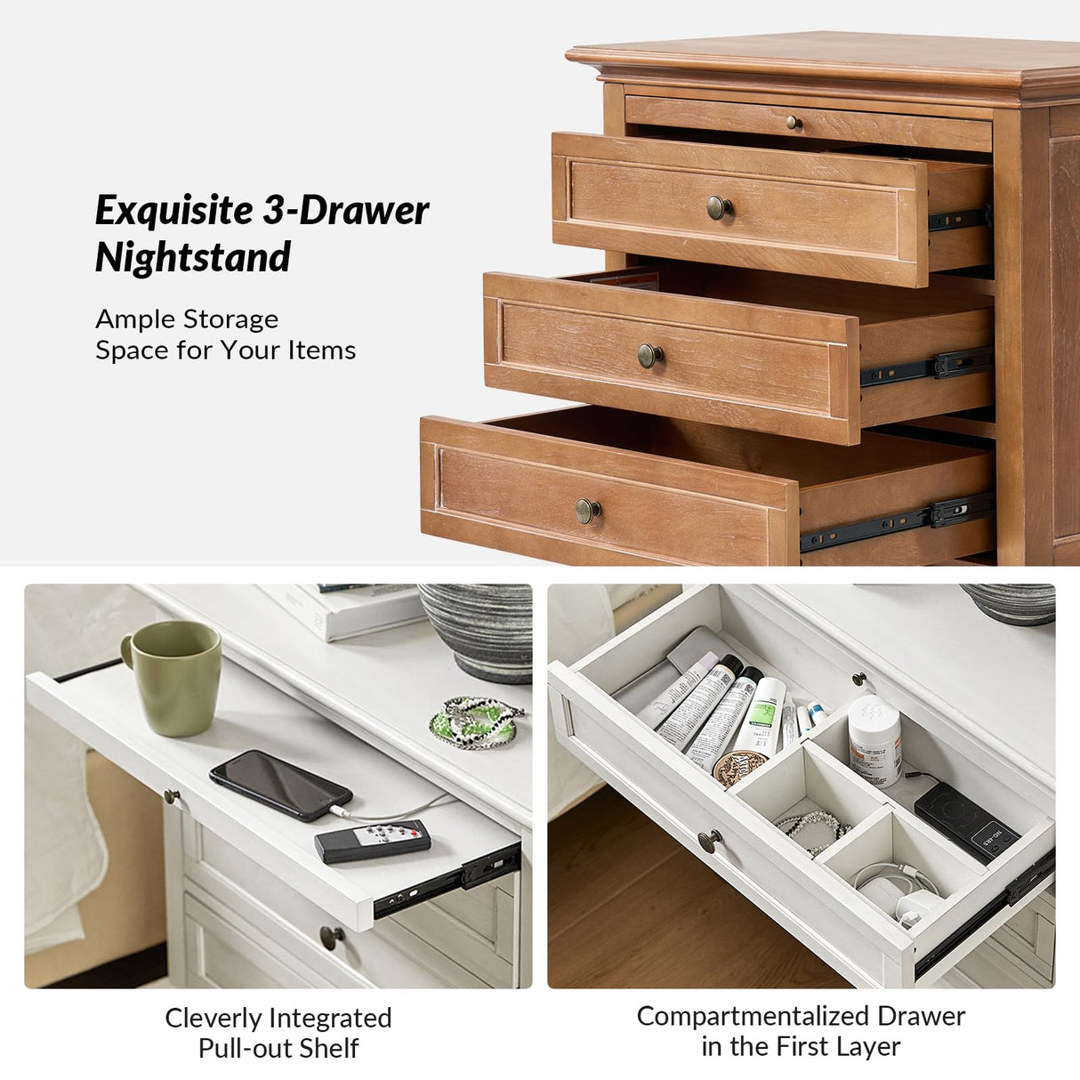 HULALA HOME Farmhouse 3 Drawer Nightstand with Tray, Drawer Organizer with Wood Legs, Nightstand with Charging Station (Acorn) HULALA HOME