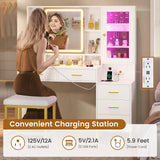 BTHFST Makeup Vanity with Upholstered Stool & Charging Station, Vanity Desk with Mirror and Lights, Vanity Table Set with Jewelry Storage & RGB Lights & 5 Drawers & Shelves, White & Gold BTHFST