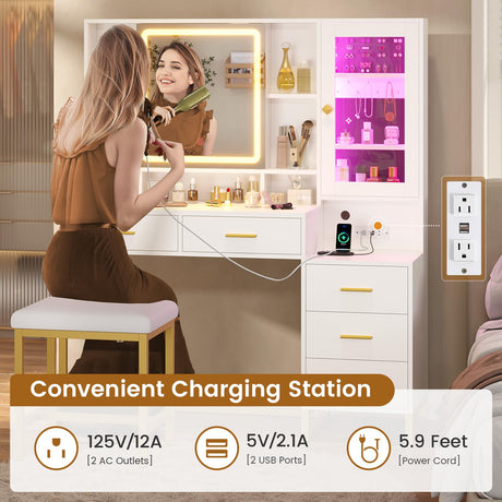 BTHFST Makeup Vanity with Upholstered Stool & Charging Station, Vanity Desk with Mirror and Lights, Vanity Table Set with Jewelry Storage & RGB Lights & 5 Drawers & Shelves, White & Gold BTHFST