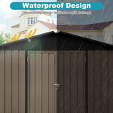 Lyngins 8x6 FT Outdoor Storage Shed, Metal Tool Shed with Lockable Doors, Peaked Roof & Frame Floor, Garden Shed with Vented Design for Backyard Garden Patio Lawn, Brown + Black Lyngins