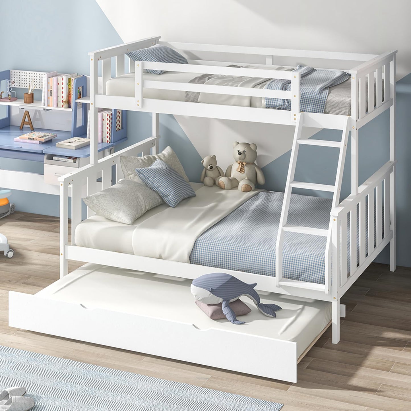 Giantex 3-in-1 Convertible Twin Over Full Bunk Bed with Trundle - Solid Wood, Reversible Ladder & Safety Guardrails - White - WoodArtSupply