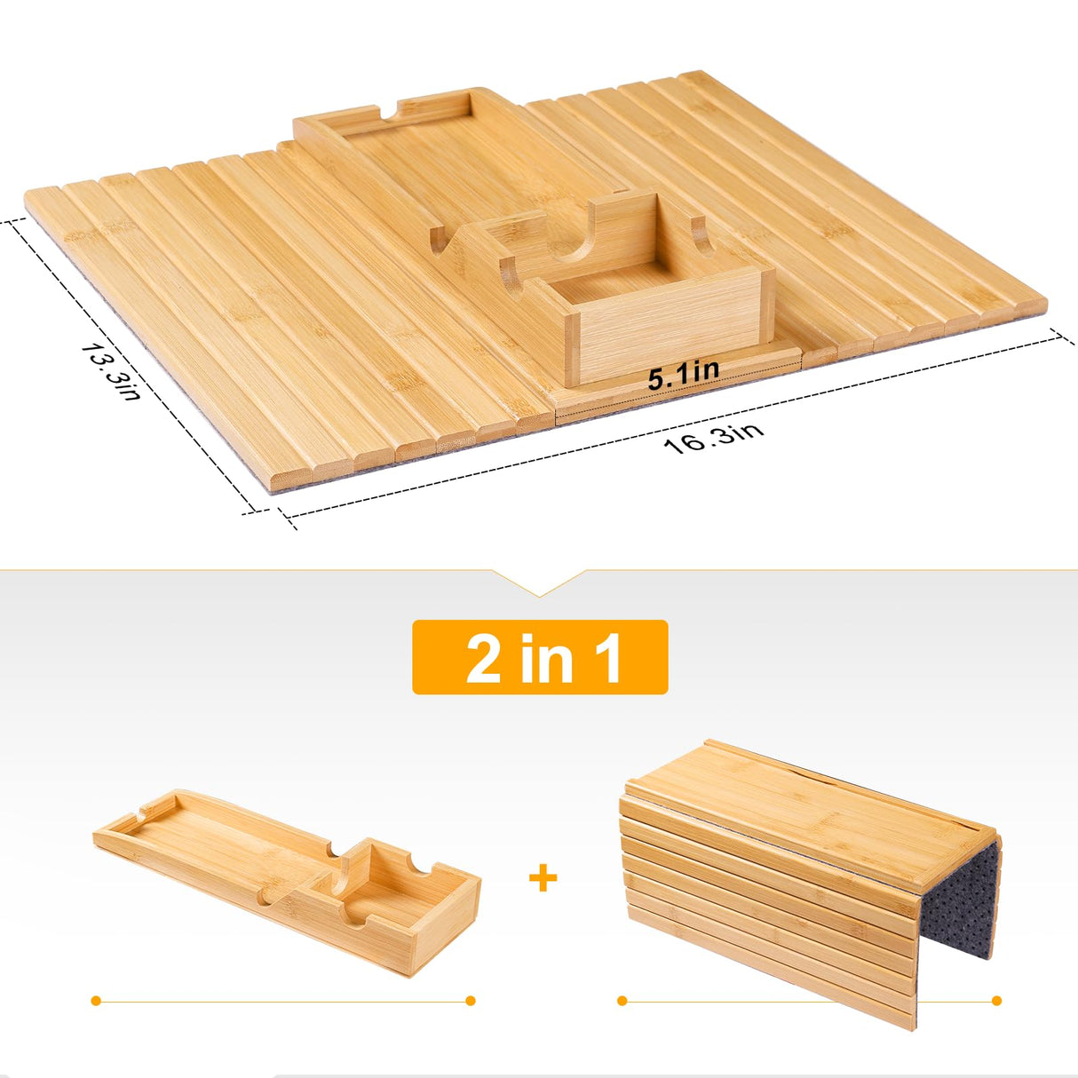 Bestjing Bamboo Sofa Armrest Tray - Couch Arm Tray with Detachable Couch Cup Holder Tray - Anti-Slip Foldable Sofa Table Tray - Cup Holder Tray for Drinks Cup Cellphone Remote Snacks Bestjing