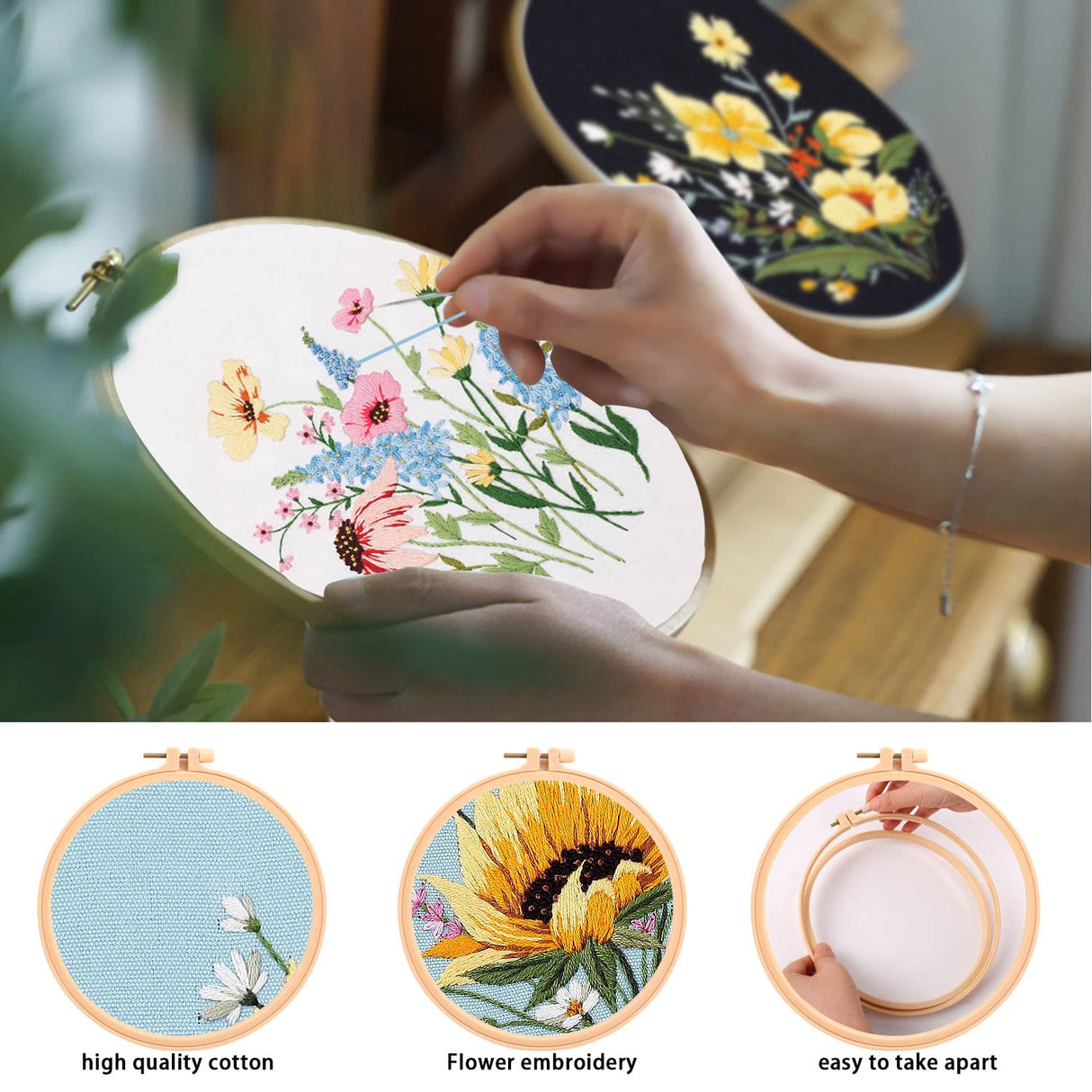 4 Sets Cross Stitch Embroidery Kits for Beginners Adults, Flower Stamped Pre Printed Cross Stitch Kits, Full Range of Embroidery Starter Kit with Instructions, 4PCS Embroidery Hoops, Threads and Tools MAMUNU