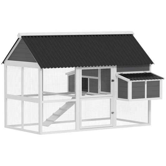 PawHut Chicken Coop with Run, Large Wooden Chicken House with 2 Nesting Boxes, 2 Roosting Bars, Ramp & Tray, Hen House Poultry Cage for 6-8 Chickens, 69" W x 84" x 59"