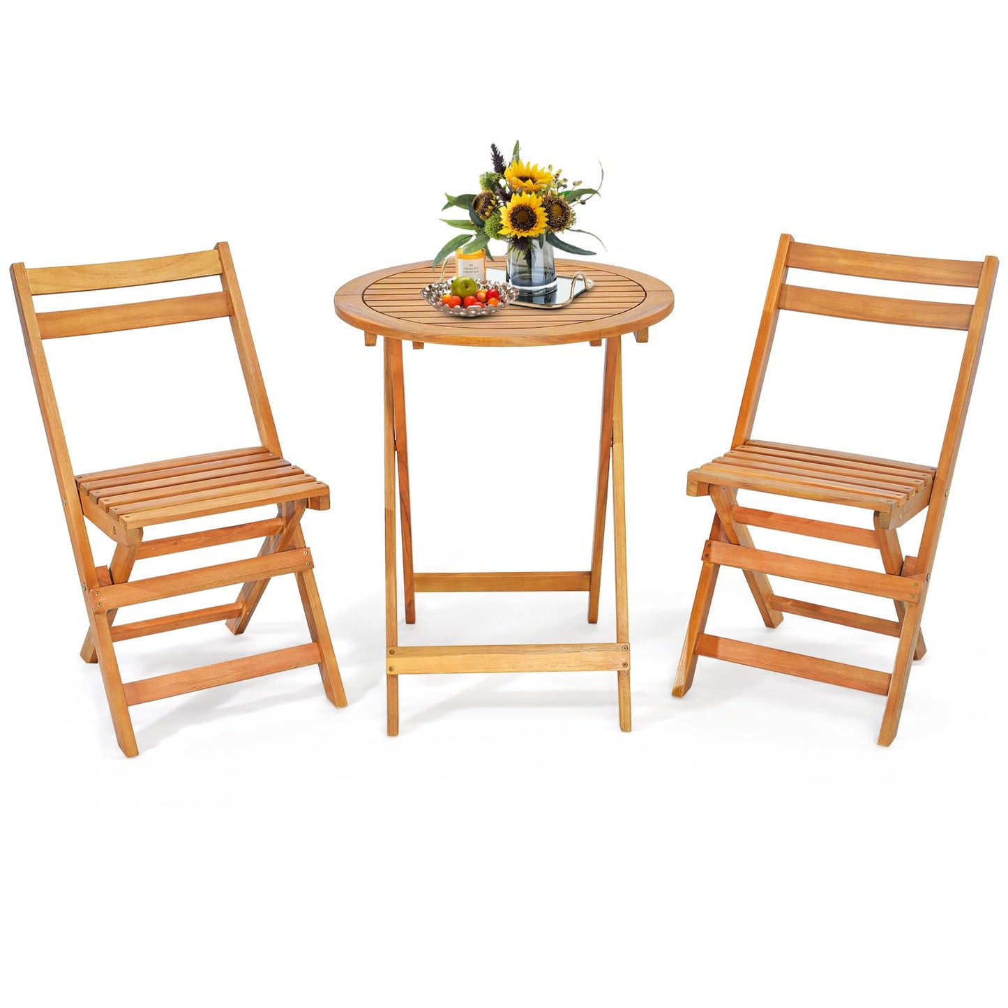 Tangkula 3 Pieces Folding Patio Bistro Set, Solid Acacia Wood Table and Chairs with Slatted Tabletop, Back & Seat, Foldable Outdoor Furniture Set for Patio, Backyard, Garden, Poolside, Natura - WoodArtSupply