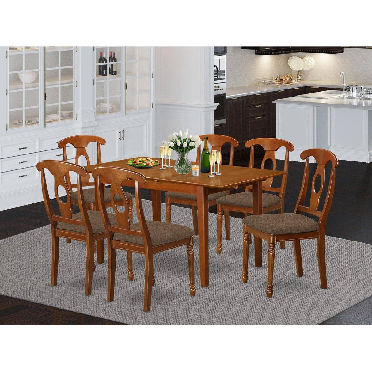 East West Furniture PSNA7-SBR-C 7 Piece Dinette Set Consist of a Rectangle Dining Room Table with Butterfly Leaf and 6 Linen Fabric Upholstered Dining Chairs, 32x60 Inch, Saddle Brown East West Furniture
