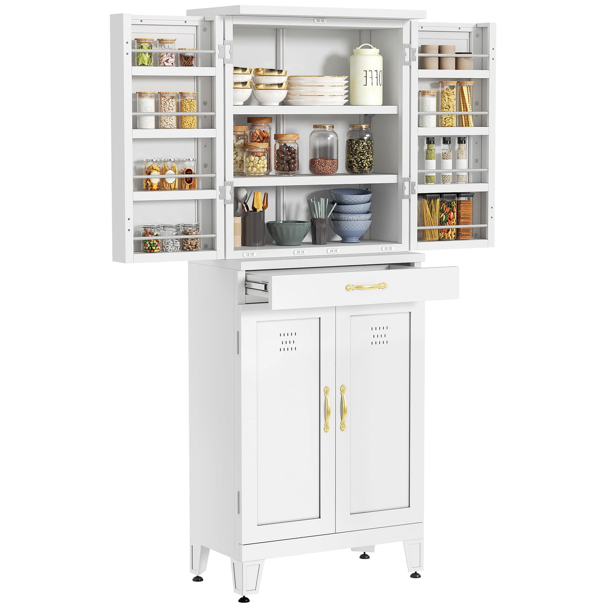YITAHOME 71" Tall Kitchen Pantry, Metal Kitchen Storage Cabinet with Adjustable Shelves, Pantry Organizer with 2 Door and Drawer for Dining Room, Living Room, Bathroom, White YITAHOME