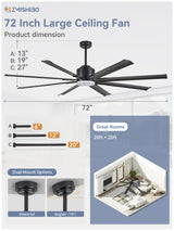 ZMISHIBO 72 inch Aluminium Blade Ceiling Fans with Lights and Remote, Outdoor Ceiling Fans for Patio Living Room with Quiet DC Motor, 6 Speed Reversible, 3 CCT, Black Industrial Ceiling Fan, 8 Blades ZMISHIBO