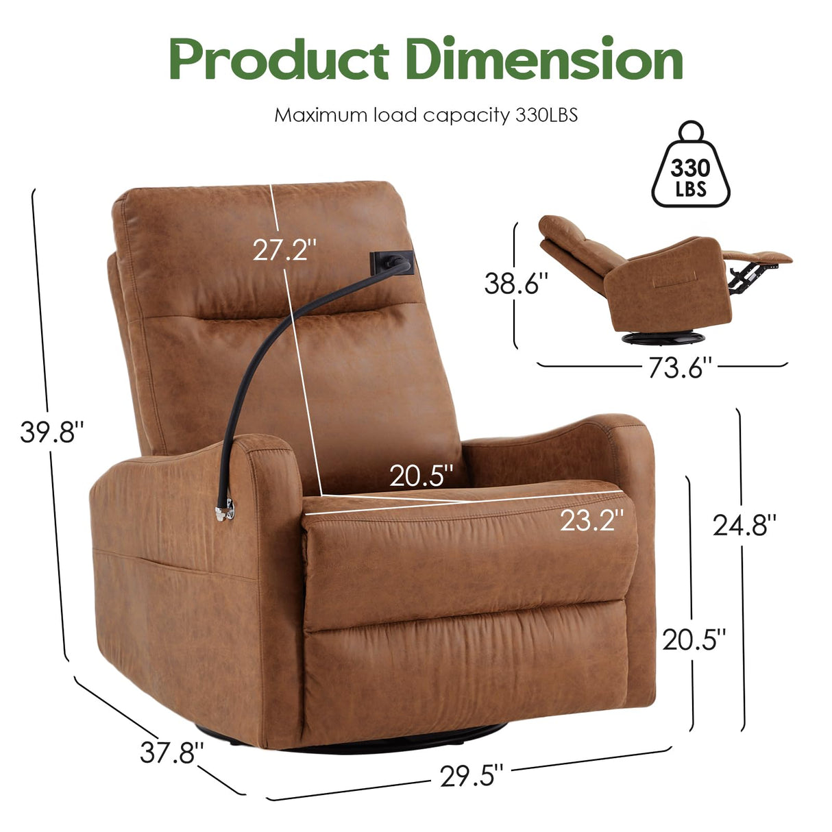 AYEASY Oversized Recliner Chair, Leather Swivel Rocking Chair Reclining with Phone Holder, Ergonomic Lazy Boy Fabric Sofa Chair with Lumbar Support, Manual Glider Chair for Living Room, RV, Brown AYEASY