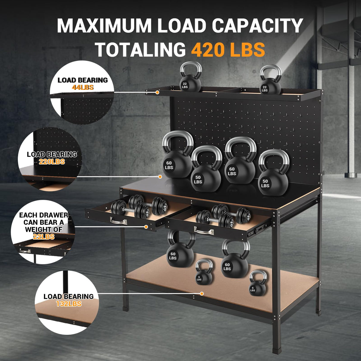 GarveeTech 61 Inch Workbench with Pegboard, Workbench Tool Storage Workshop Table with Drawers and Pegboard, 420lbs Weight Capacity GarveeTech