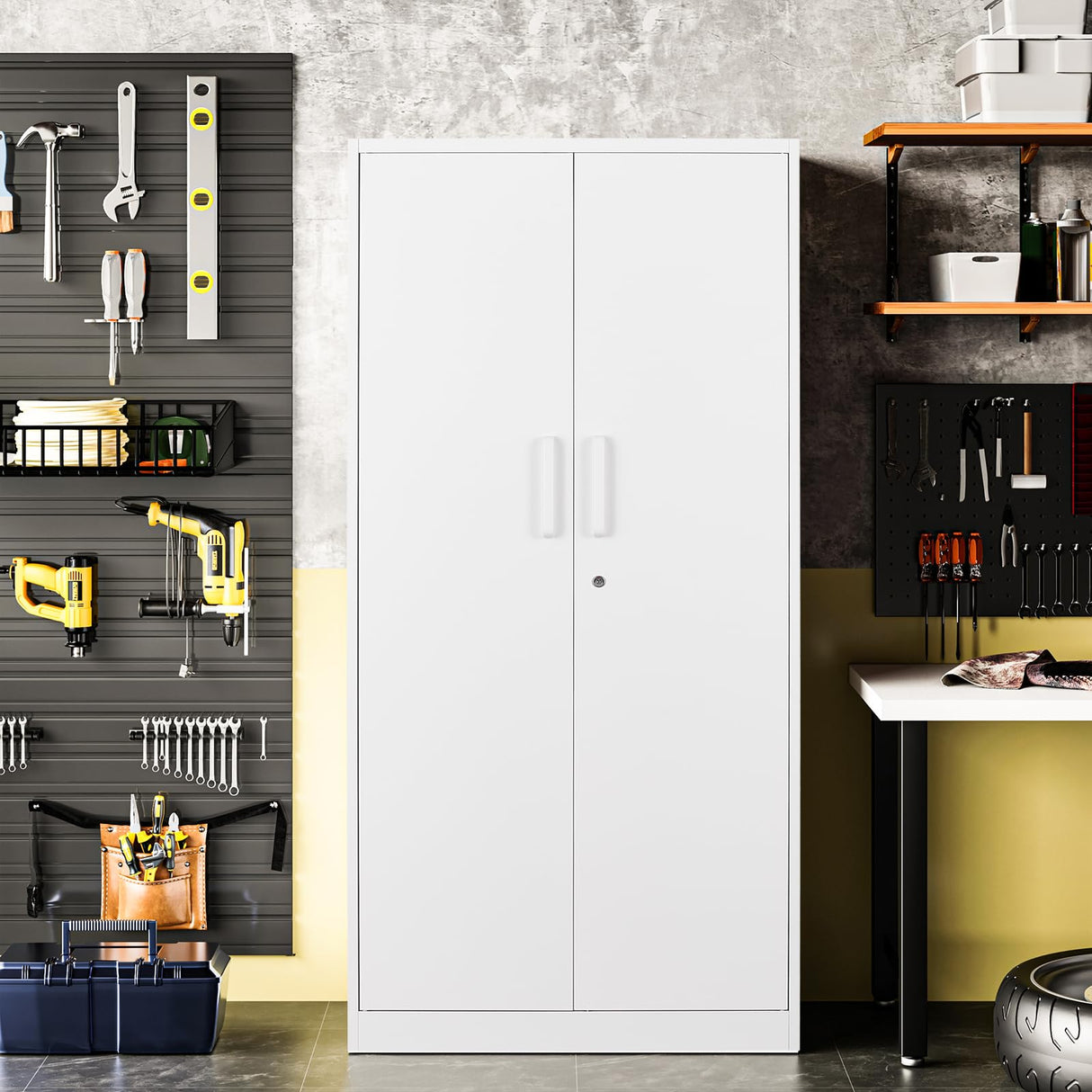 Anxxsu Metal Garage Storage Cabinet, 71" Locking Storage Cabinet with 2 Doors and 5 Adjustable Shelves, Lockable Metal Cabinet for Office,Home,Garage,Gym,School（White） Anxxsu