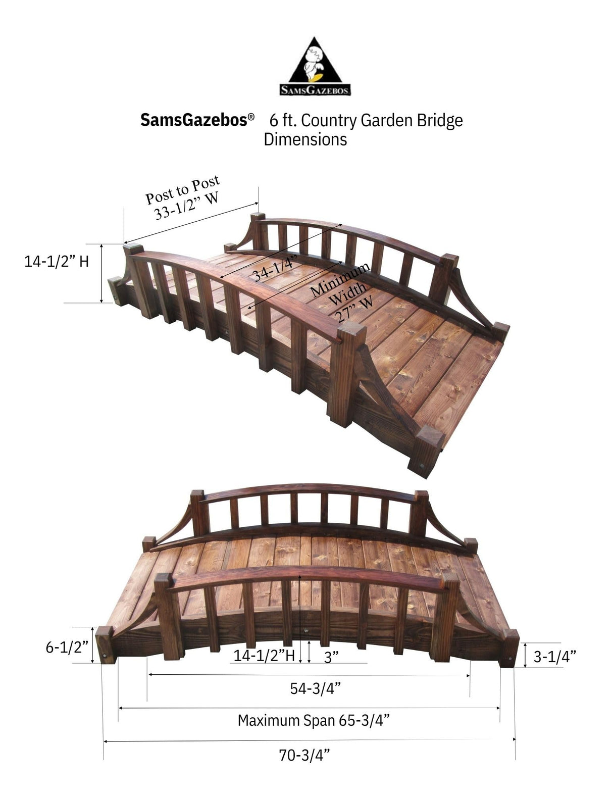 SamsGazebos Country Wood Garden Bridge, 6', Brown SamsGazebos