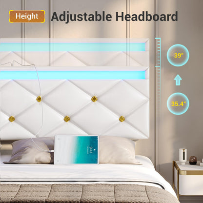 Hasuit Modern Floating Queen Bed Frame with LED Lights and Charging Station - WoodArtSupply