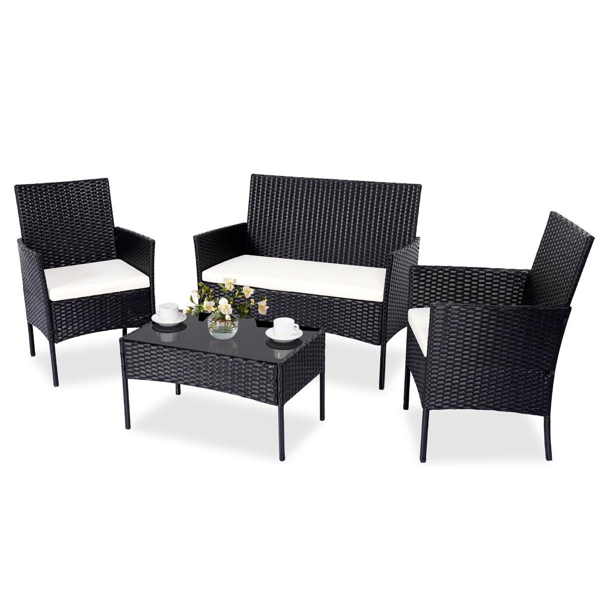 PAIQIAN Patio Furniture Set,4 Piece Garden Conversation Set, Outdoor Wicker Rattan Table and Chairs, Black Patio Set, Sectional Sofa with Thick Cushion for Garden, Yard, or Porch (Black/Beige) PAIQIAN