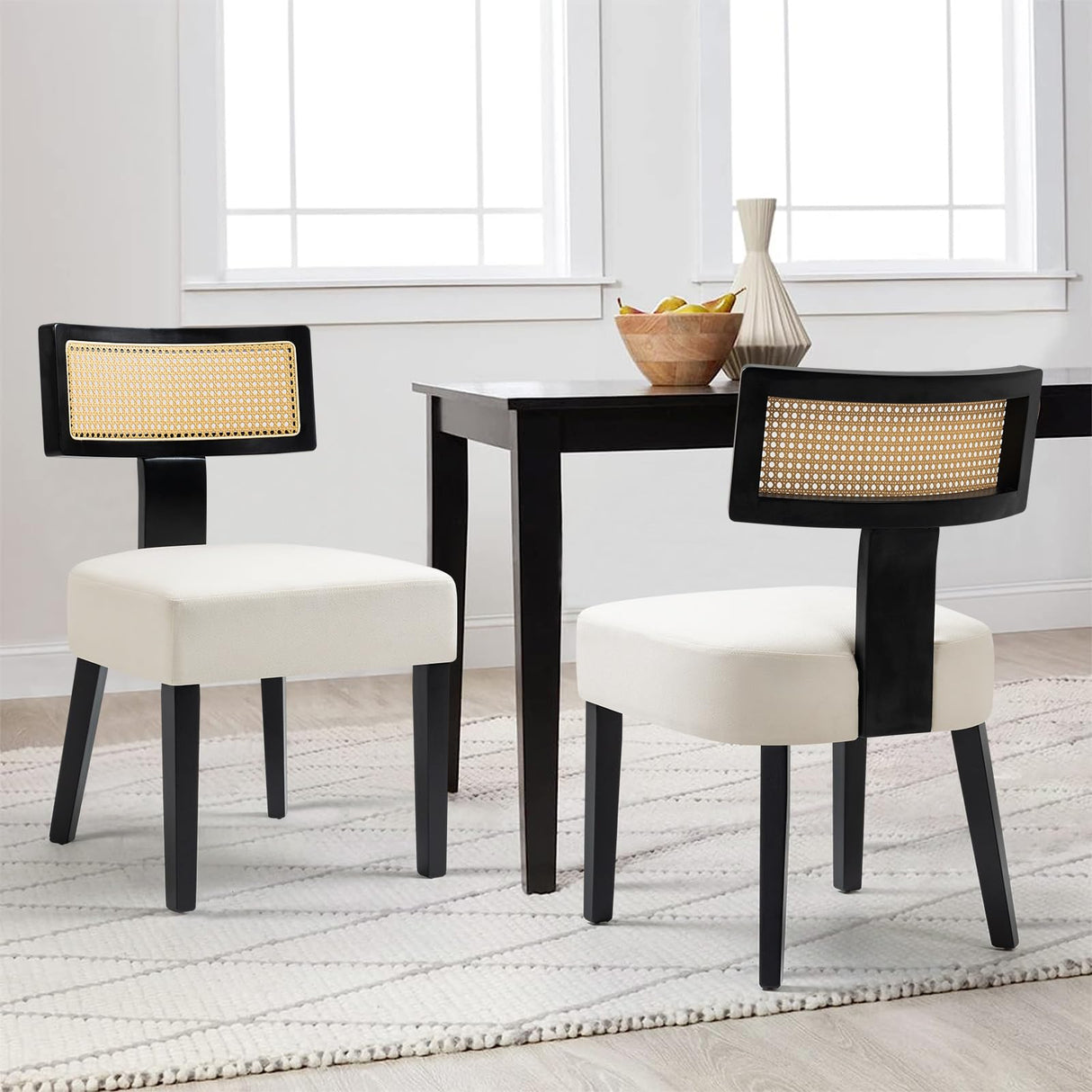 WQSLHX Linen Upholstered Farmhouse Dining Chairs Set of 4, Modern Rattan Dining Room Chairs with Wood Legs, Curved Backrest Kitchen Chairs Armless Accent Chairs for Living Room, Cream WQSLHX