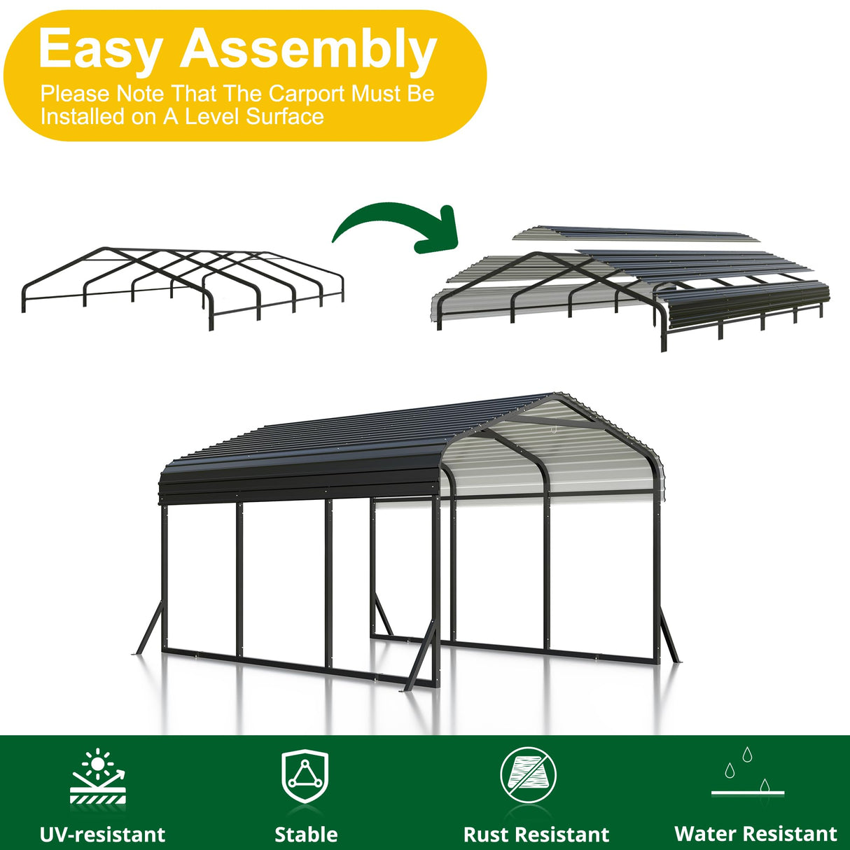 VIWAT Carport 10x15 FT, Metal Carport with Enhanced Base, Outdoor Heavy Duty Garage Galvanized Car Shelter for Pickup, Car, Boat and Tractors VIWAT