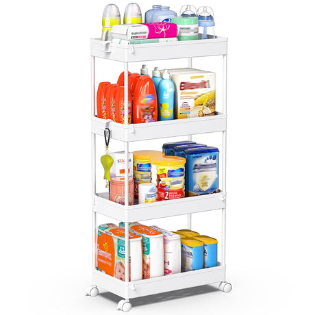 SPACEKEEPER Storage Cart, 4-Tier Mobile Shelving Unit, Bathroom Rolling Cart Utility Storage Organizer Shelf for Kitchen Living Room Bathroom Laundry Room & Dressers, White SPACEKEEPER