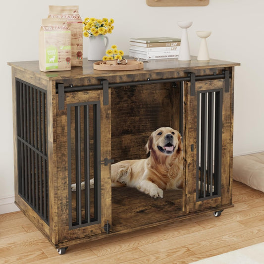 Wooden Dog Crate Furniture with Sliding Barn Door, 38.5" Medium Size Dog Cage with Lockable Wheels Double Doors, Indoor Dog Kennel Furniture End Table for Small/Medium/Large Dogs