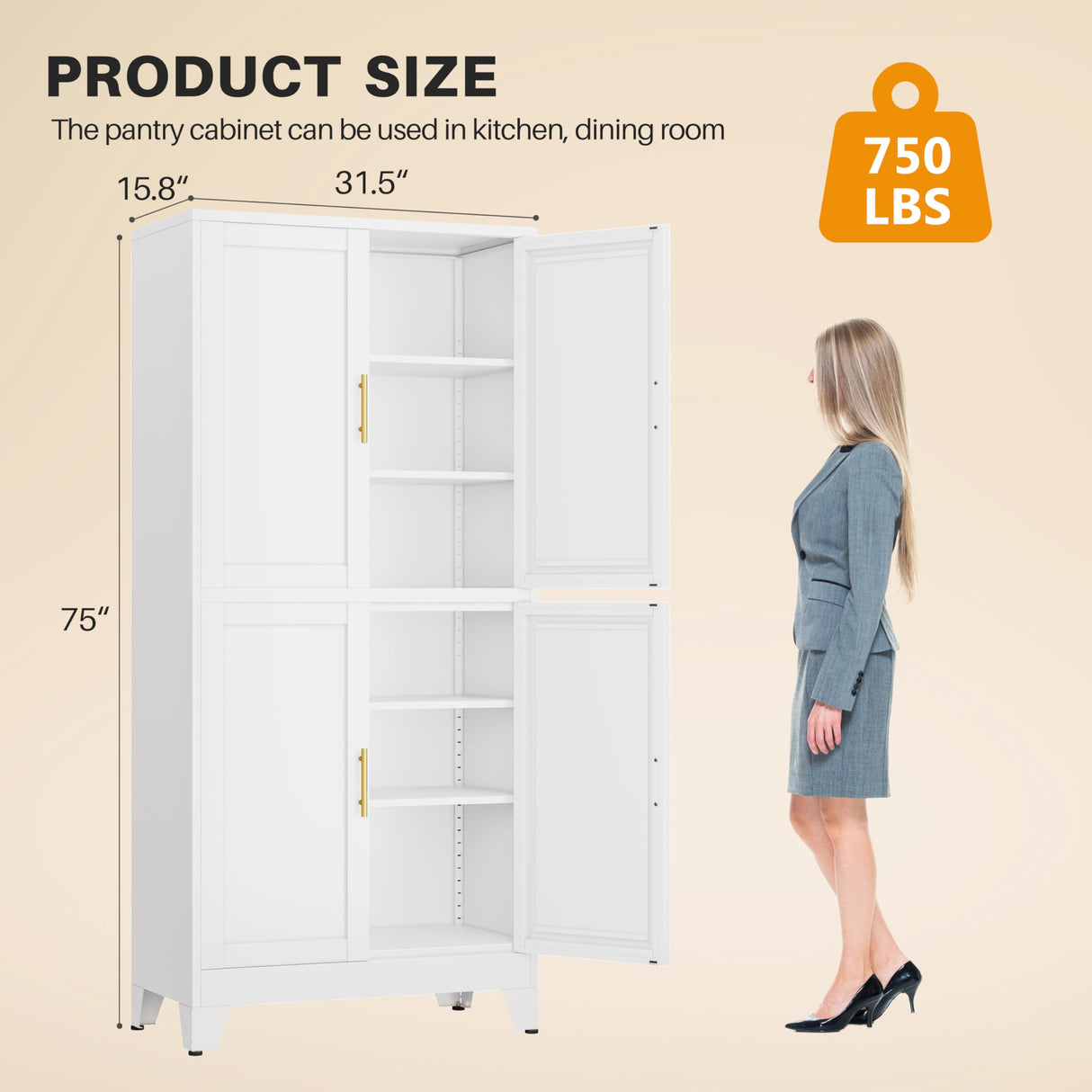 winiowa 75" Tall Kitchen Pantry Cabinet, Metal Storage Cabinet with Doors and Adjustable Shelves, White Freestanding Pantry Cabinet for Kitchen, Dining Room, Living Room, Laundry Room, Bathroom winiowa