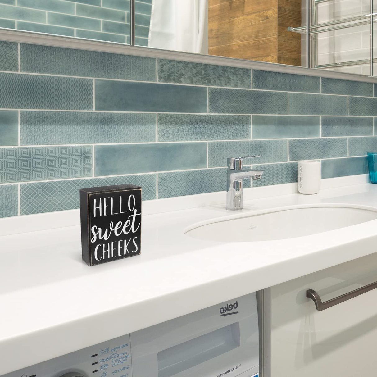 Pigort Hello Sweet Cheeks Sign - Bathroom Decor Modern Farmhouse Home Accent - Rustic Black Wood Shelf Plaque Box Sign for Women, Family, Friend 5X6X1.8 INCH Pigort