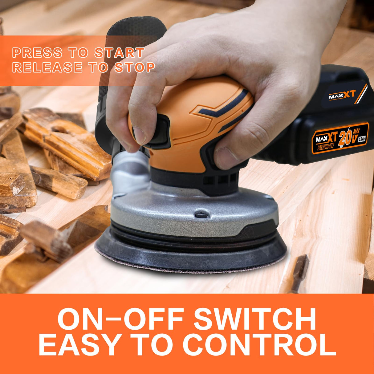 MAXXT 20V Random Orbital Sander, 7-Speed Cordless Sander, 5-Inch Backing Plate 4,000-10,000 rpm High-Performance Woodworking Dust Removal System MAXXT