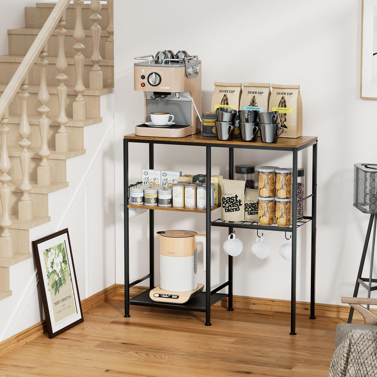 Consumest Bakers Rack with Storage - Microwave Stand and Coffee Bar Cabinet, Multifunctional Pan Organizer with 6 Hooks and 2 Shelves, Microwave Cart for Kitchen, Living Room, Brown&Black Consumest