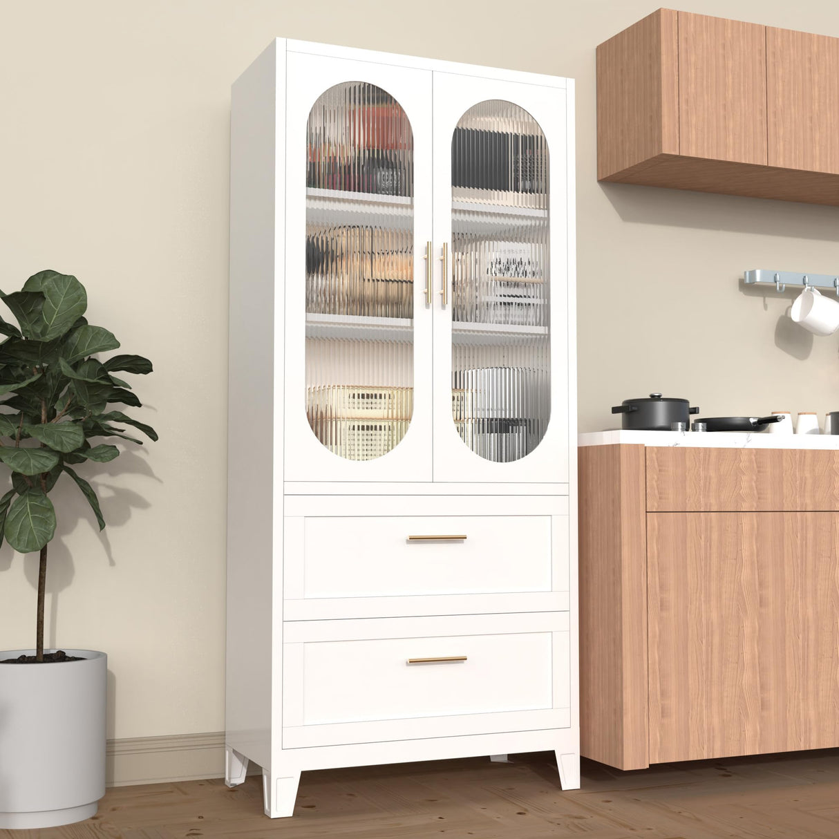 Nobilsteel 71”Storage Cabinet, Metal Accent Pantry Cabinet, Food Pantries Cabinets with Fluted Glass Doors, Storage Cupboard Kitchen, Dining Room, Nobilsteel