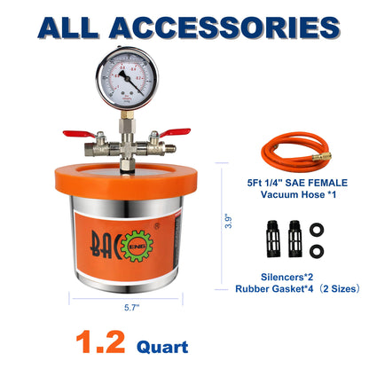 BACOENG Universal Vacuum Chamber Series: 1.2 Quart Stainless Steel Vacuum Chamber Kit, Vacuum Degassing Chamber for Resin, Silicone and Epoxies - WoodArtSupply