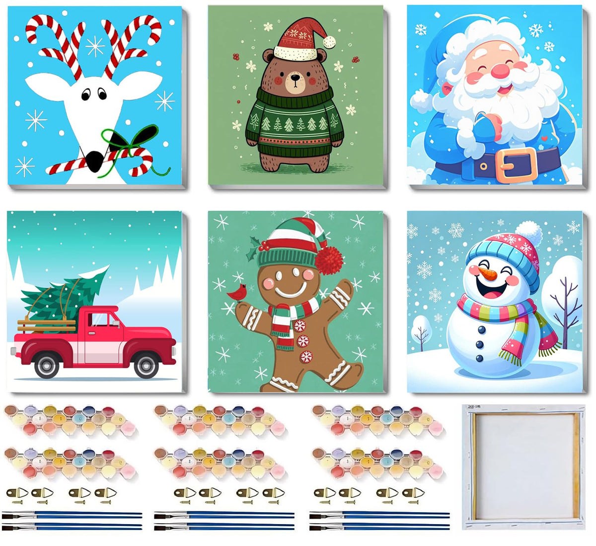 6 Packs Framed Chrsitmas Paint by Numbers Kit for Kids Ages 8-12,Snowman Easy Acrylic Paint by Number Framed on Canvas,Number Painting Paint by Numbers Kit for Home Wall Decoe 8x8inch SYDYLH