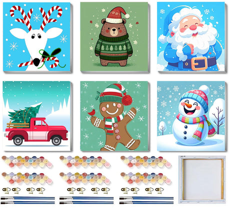 6 Packs Framed Chrsitmas Paint by Numbers Kit for Kids Ages 8-12,Snowman Easy Acrylic Paint by Number Framed on Canvas,Number Painting Paint by Numbers Kit for Home Wall Decoe 8x8inch SYDYLH
