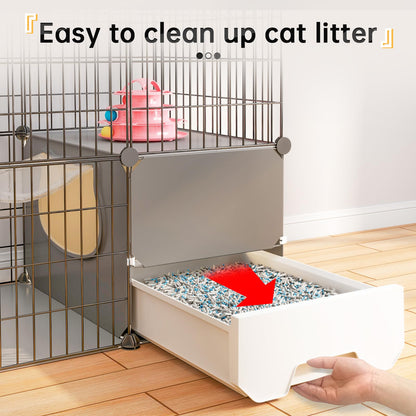 Oneluck Cat Cage with Litter Box,4-Tier DIY Cat Enclosures Large Playpen Detachable Metal Wire Kennel Indoor Crate Large Exercise Place Ideal for 1-2 Cat,41.3" L x 17.8" W x 55.1" H