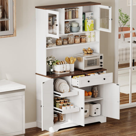 Hasuit 71.6" Tall Kitchen Pantry Storage Cabinet, Modern Kitchen Hutch Cabinet with Doors and Shelves, Freestanding Food Pantry with Large Storage Drawer for Dining Room, Living Room, White Hasuit