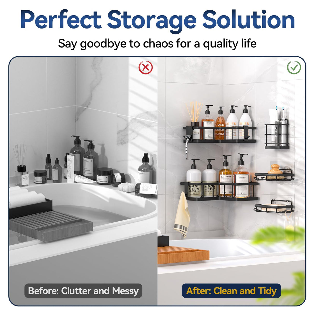 YASONIC Corner Shower Caddy Organizer, 5-Pack Adhesive Rustproof Stainless Steel Shower Shelves with Soap Holder, No Drilling Shower Storage Rack for Family Renters Bathroom, Black YASONIC